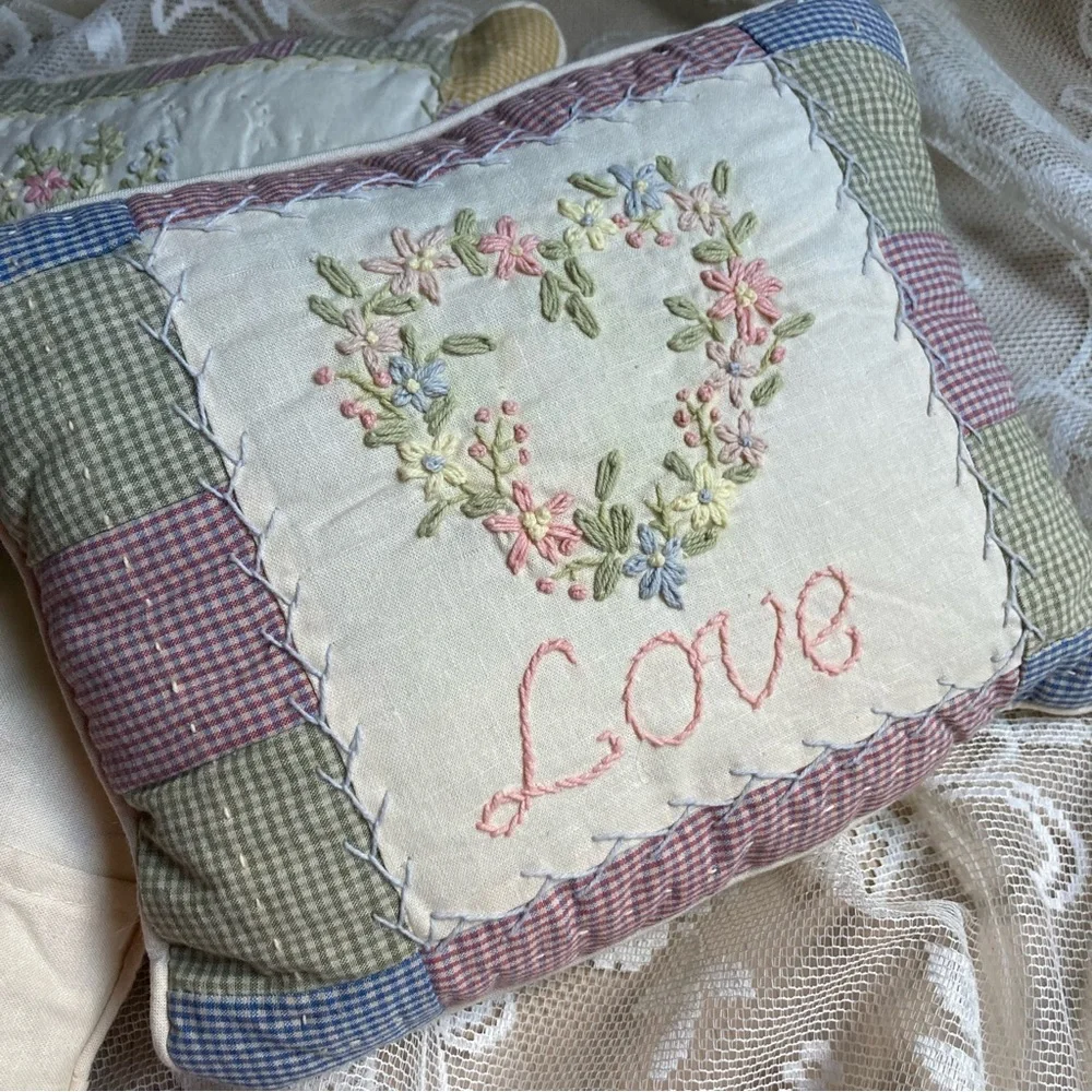 Set of 3 Primitive Quilted Embroidered pillows 9” x 8” GRACE LOVE BLESSINGS